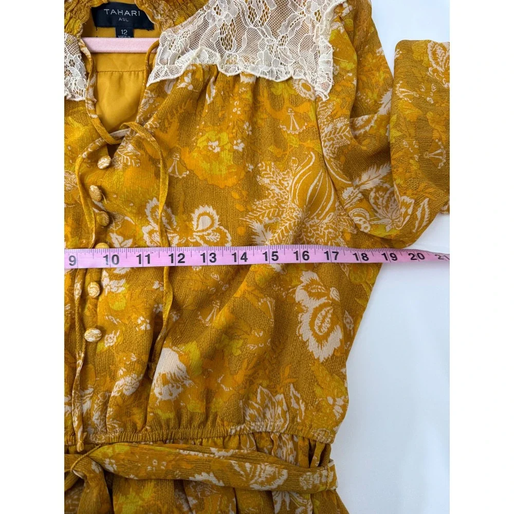 Tahari Floral Mini Dress 12 Mustard Yellow Lace Yoke Long Sleeve Boho Tiered - Picture 6 of 10